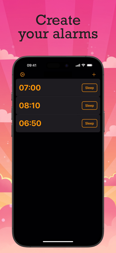 The alarm scheduling screen of the Glow Alarm app showing multiple set wake-up times.