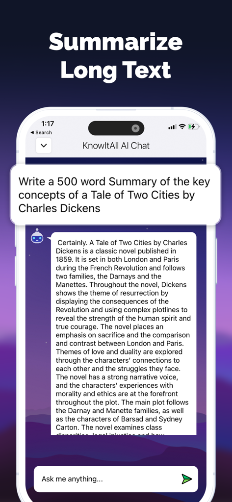 KnowIt AI app interface showing an AI generated summary of A Tale of Two Cities on an iPhone screen.