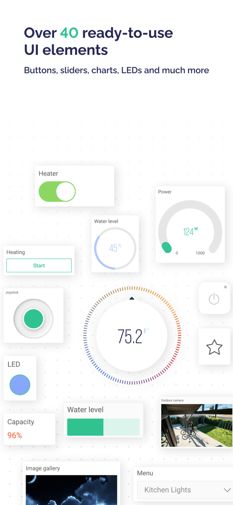 Blynk IoT - A variety of ready-to-use UI elements for building custom IoT dashboards including gauges and buttons