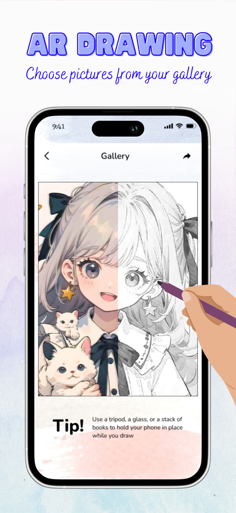 AR Drawing app showing a split-view anime sketch and a tip for stabilizing the phone while tracing.