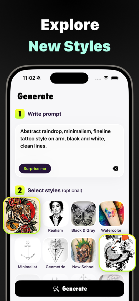 Tattoo AI: Generator & Maker - Tattoo AI app interface showing prompt entry and diverse tattoo style selection options like Realism and Watercolor.