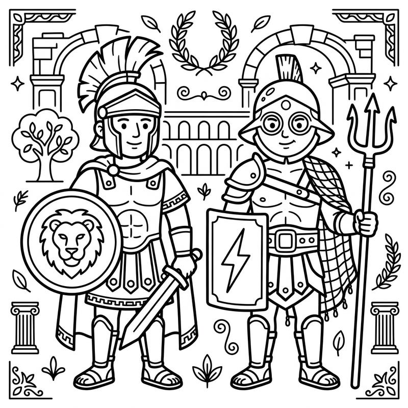 Introduce your little ones to the exciting world of ancient Rome with these super-friendly gladiators. Designed with thick, easy-to-color lines, it's perfect for developing fine motor skills and sparking imagination.