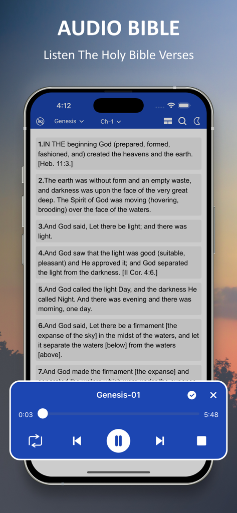 A smartphone displaying the audio player feature of the Amplified Bible app with scripture from Genesis chapter one.