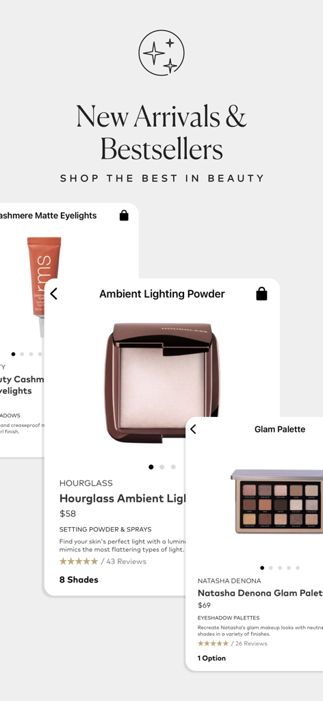 Beautylish - Beautylish app interface showing luxury makeup bestsellers like Hourglass and Natasha Denona
