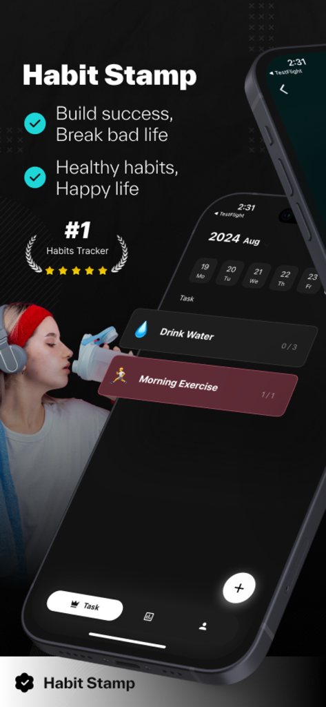 Interfaz de la aplicación móvil de Habithaven mostrando el seguimiento de hábitos diarios de ingesta de agua y ejercicio matutino