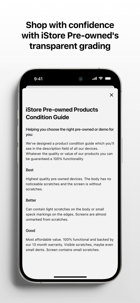 iStore Pre-owned app product condition guide explaining the Best Better and Good grading system