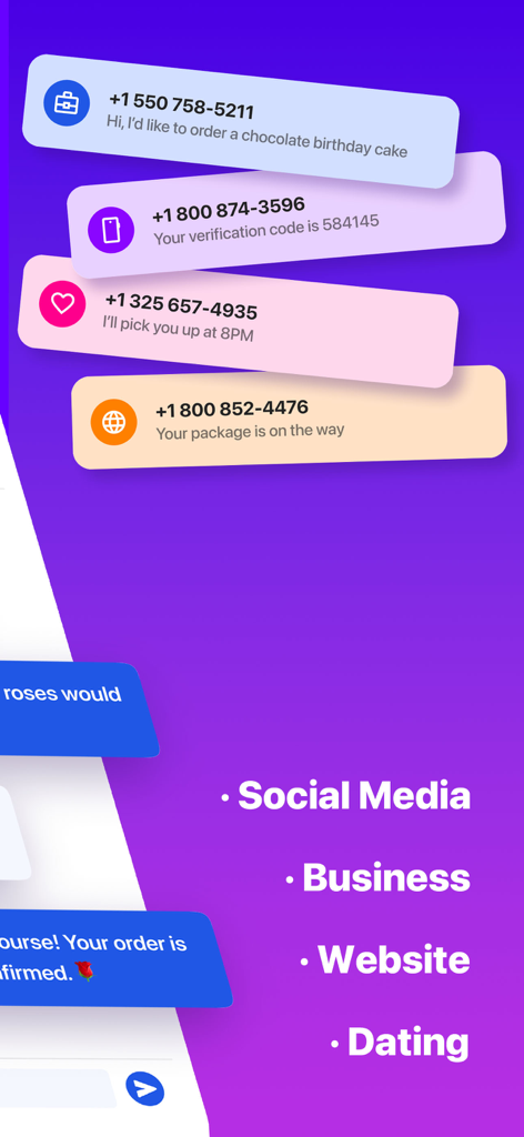 Interfaz de la aplicación móvil que muestra categorías de números de teléfono secundarios para sitios web de negocios en redes sociales y citas.