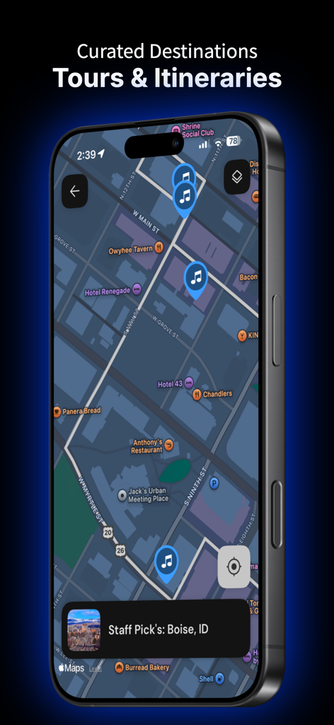 Music Roadtrip - Music Roadtrip app map interface showing curated music destinations and tours in Boise Idaho