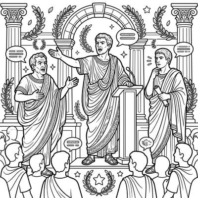 Immerse yourself in the world of ancient Roman rhetoric with this captivating coloring page. Bring to life the powerful speeches and grand settings of historical orators.
