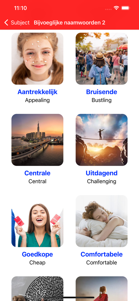Captura de pantalla de la aplicación Learn Dutch Essentials que muestra varios adjetivos holandeses con imágenes de la vida real correspondientes y traducciones al inglés