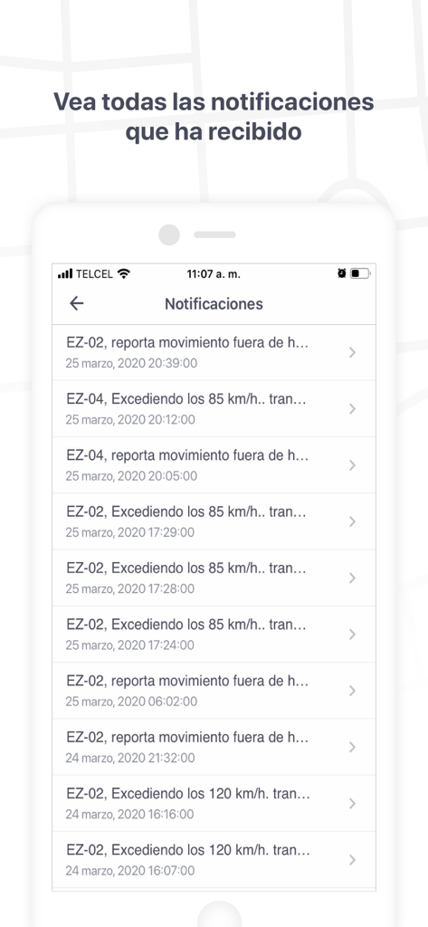 Eztrack - Eztrack-App-Oberfläche, die eine Liste von Fahrzeugbenachrichtigungen und Geschwindigkeitswarnungen anzeigt