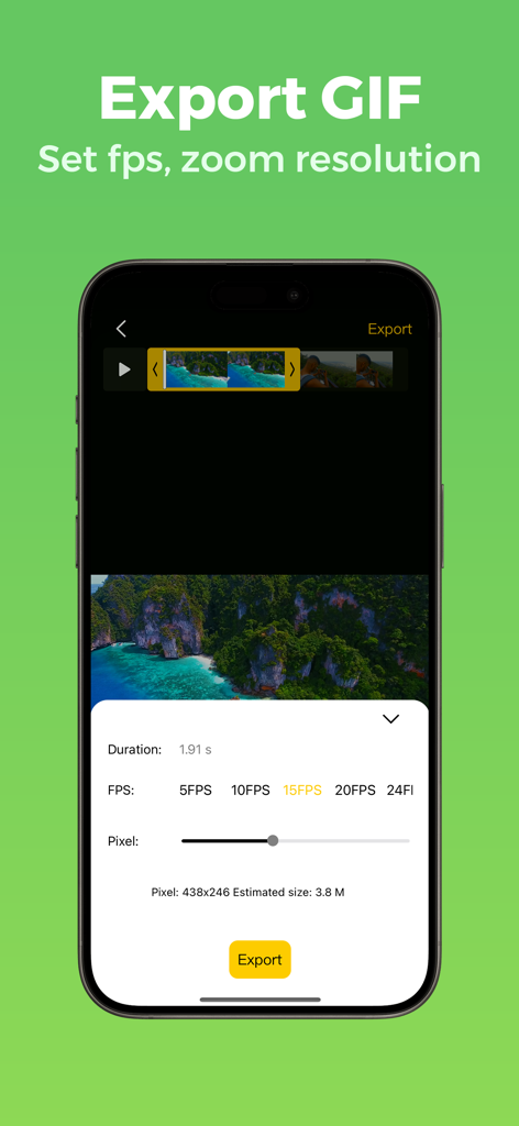 Pantalla de configuración de exportación de GIF mostrando controles de FPS y resolución en la aplicación Any GIF Maker