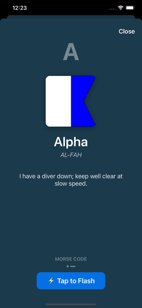 Vista dettagliata della bandiera nautica Alpha con il suo significato per i subacquei e un pulsante per accendere il codice Morse.