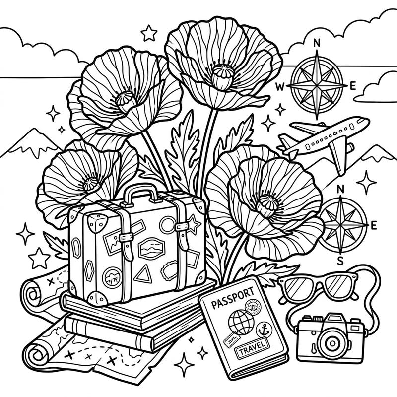 Celebrate the joy of travel and the beauty of nature with this unique coloring page. Featuring elegant crinkled poppies intertwined with adventurous vacation elements, it's perfect for a relaxing artistic escape.