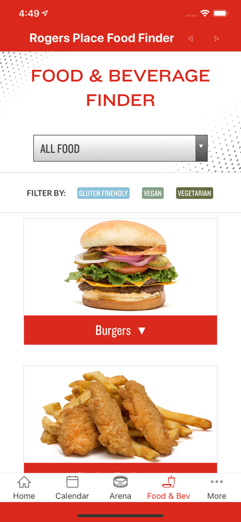 Rogers Place app food and beverage finder interface showing menu items and dietary filters