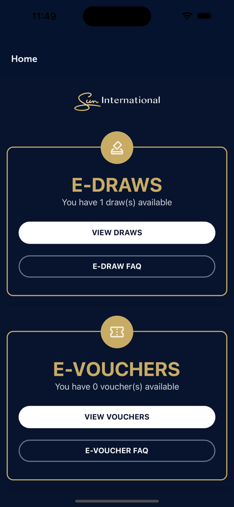 Sun International - Sun International app home screen featuring e-draws and e-vouchers management sections