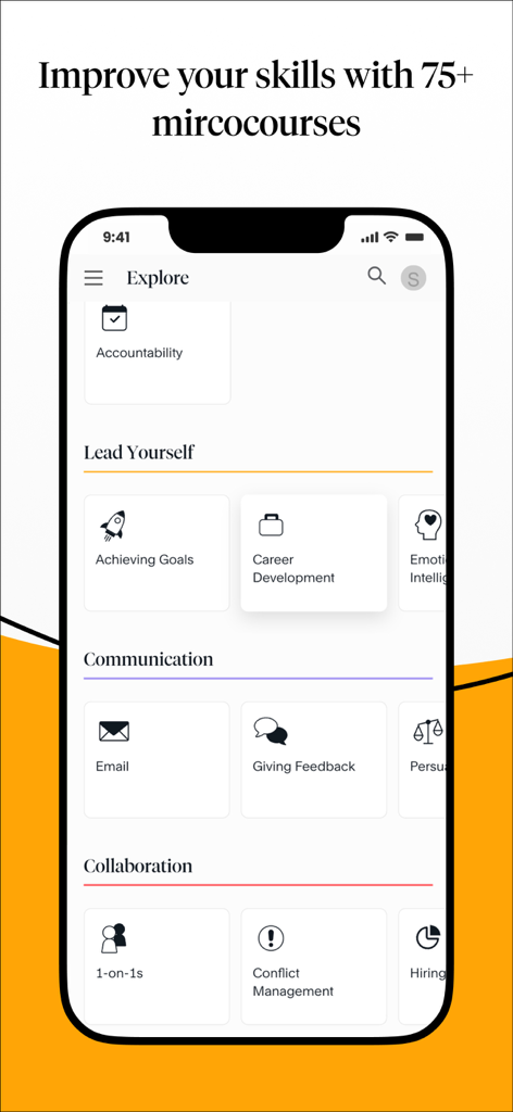 FranklinCovey Impact Platform - La pantalla explorar de la aplicación Plataforma de Impacto FranklinCovey mostrando varias categorías de microcursos para desarrollo profesional.