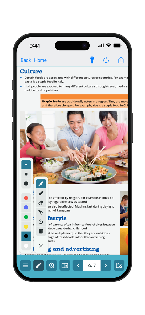 La aplicación Biblioteca Folens mostrando una página de libro electrónico interactivo sobre cultura con herramientas digitales de anotación y dibujo.