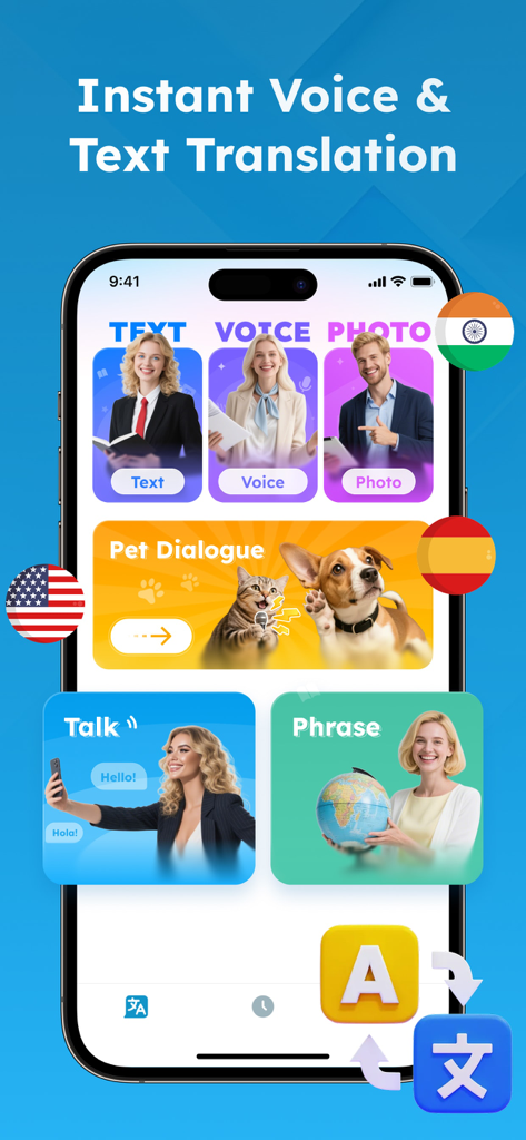 Live Talk Translator app displaying voice text and photo translation features.