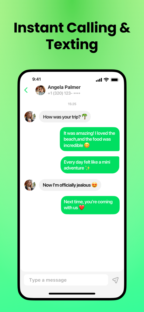 2nd Phone: SMS, Call, Verify - A smartphone screen showing a text message conversation in the 2nd Phone app with the heading Instant Calling and Texting