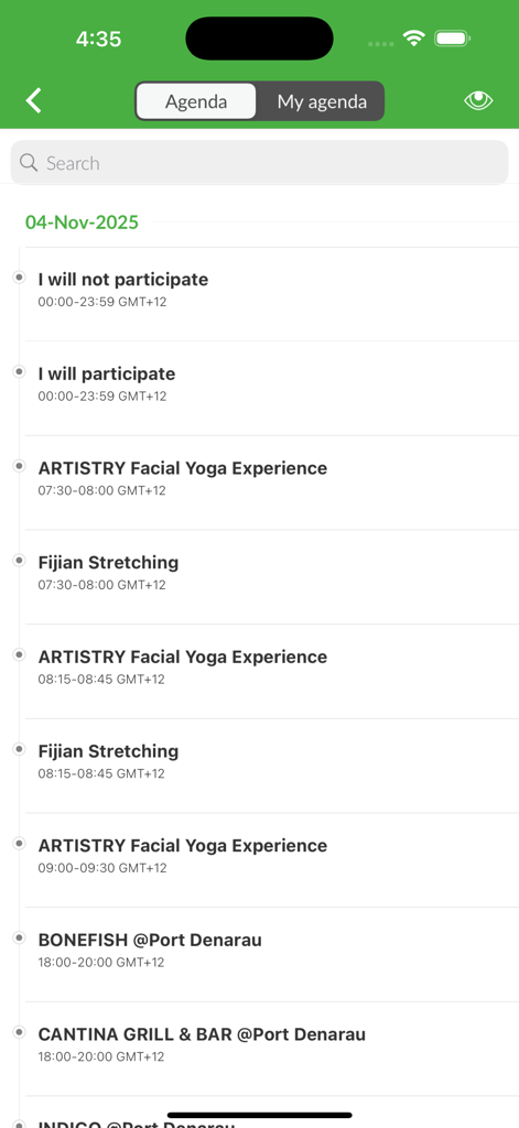 Amway Events - ESAN - 암웨이 이벤트 ESAN 앱의 화면, 요가 스트레칭 및 포트 데나라우에서의 식사 옵션과 같은 예정된 활동이 포함된 일일 일정 표시