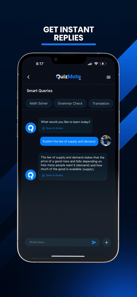 QuizMate app screen showing an AI chat interface providing an instant explanation of the law of supply and demand