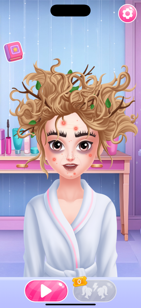 Beauty Salon Girl - Una chica personaje con cabello desordenado e imperfecciones en la piel en una bata de baño lista para un cambio de imagen de belleza