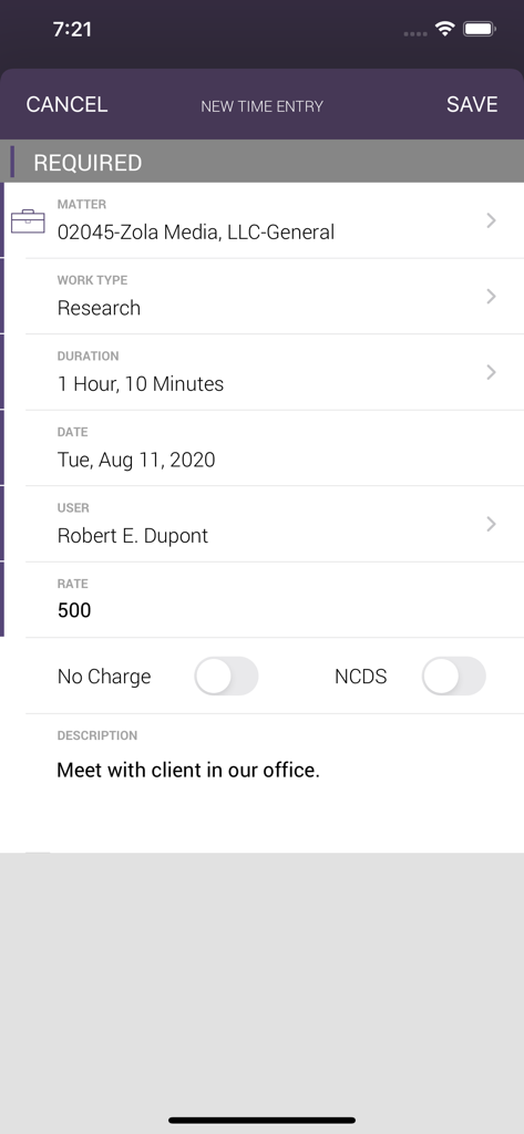 Interface for creating a new billable time entry in the CARET Legal mobile app