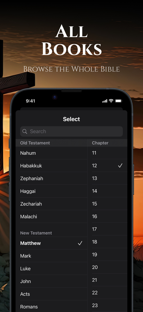 Bible Chat with AI - Interface of the Bible Chat with AI app showing a list of Bible books and chapters for browsing.