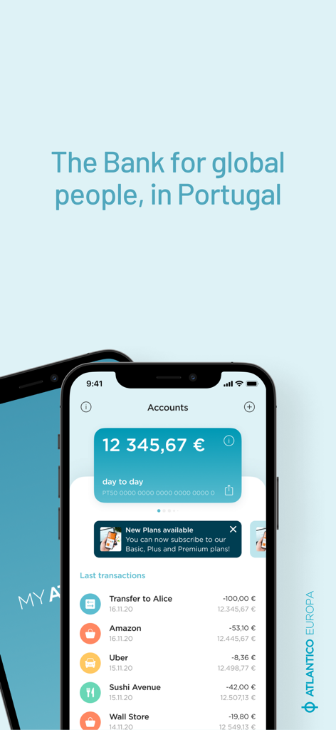 Painel da app MY ATLANTICO mostrando o saldo da conta e transações recentes em euros