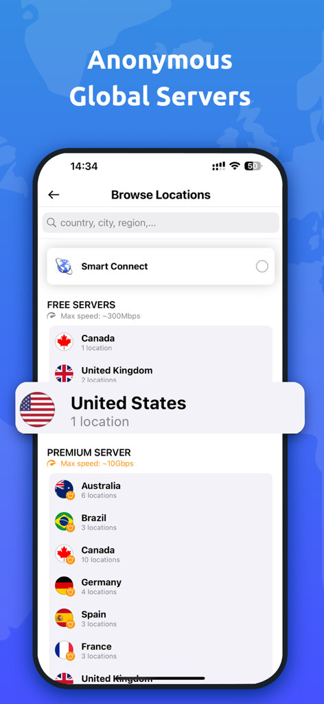 VPN Super -Fast & Secure - A list of anonymous global VPN servers available in the VPN Super app including free and premium locations