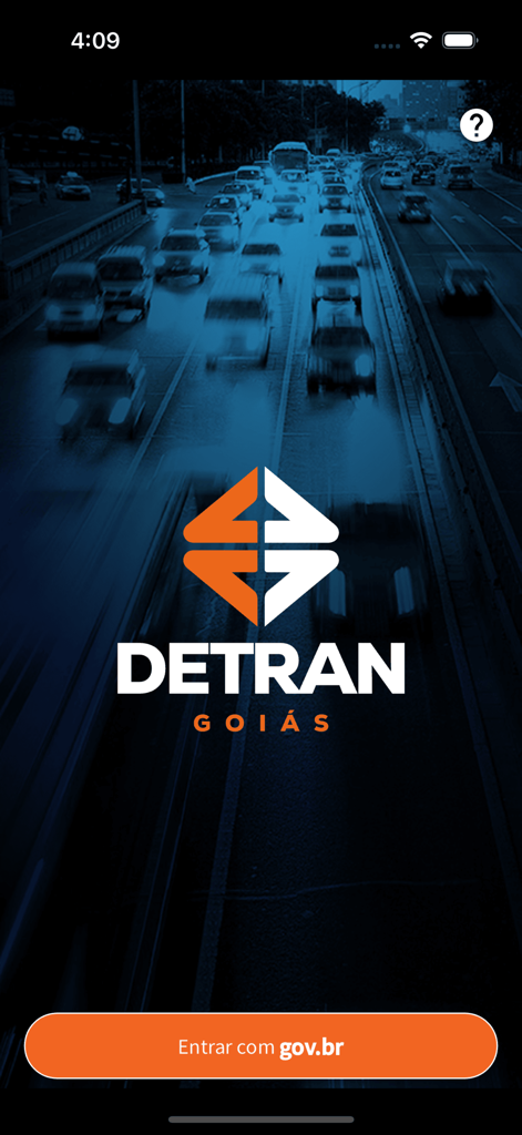 Detran GO ON - Login screen of Detran GO ON app featuring the Detran Goias logo and gov.br login button.