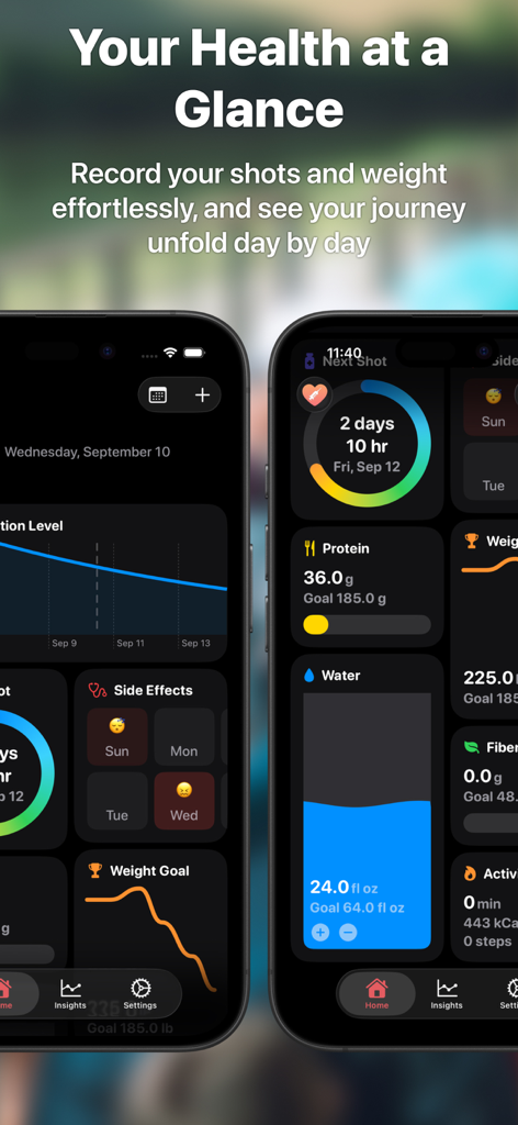 MyGLP GLP-1 Shot Tracker - A dashboard overview of the MyGLP app featuring shot reminders weight tracking and health metrics