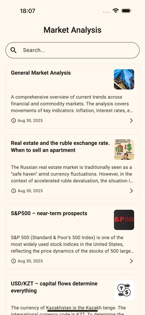 Era of Change mobile app interface displaying a list of financial market analysis reports including S&P 500 prospects and currency trends.