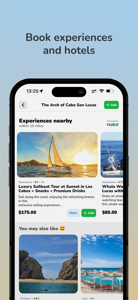 Steller app screenshot showing booking options for local experiences and hotels in Cabo San Lucas including a luxury sailboat tour.