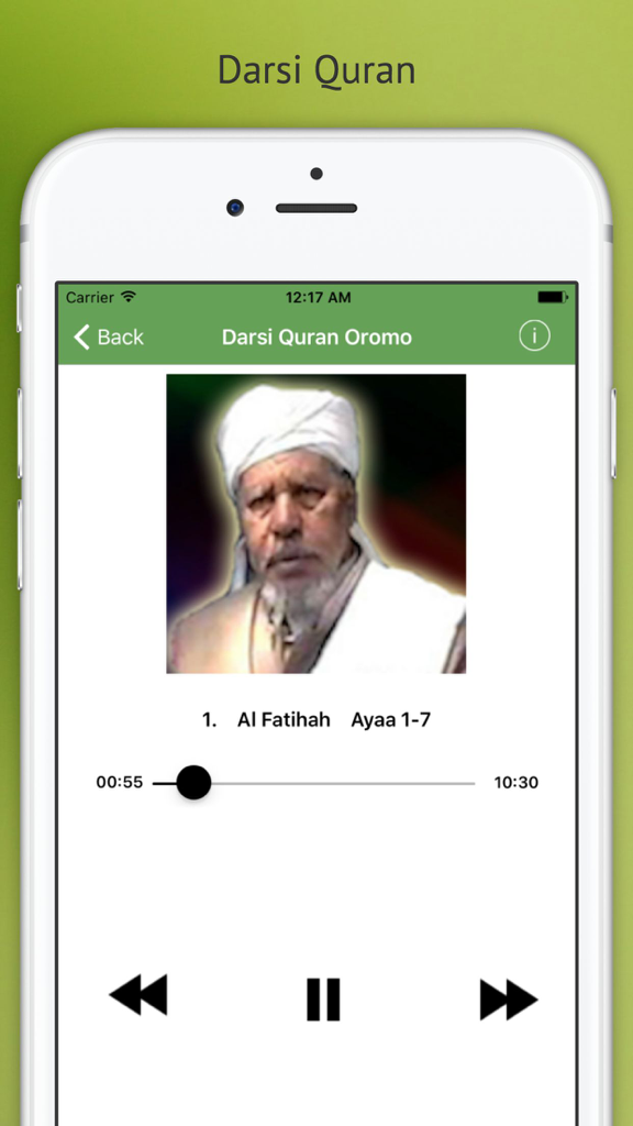 Darsi Quran - Pantalla del reproductor de audio de la aplicación Darsi Quran con el Jeque Mohamed Rashad y la traducción de Al Fatihah