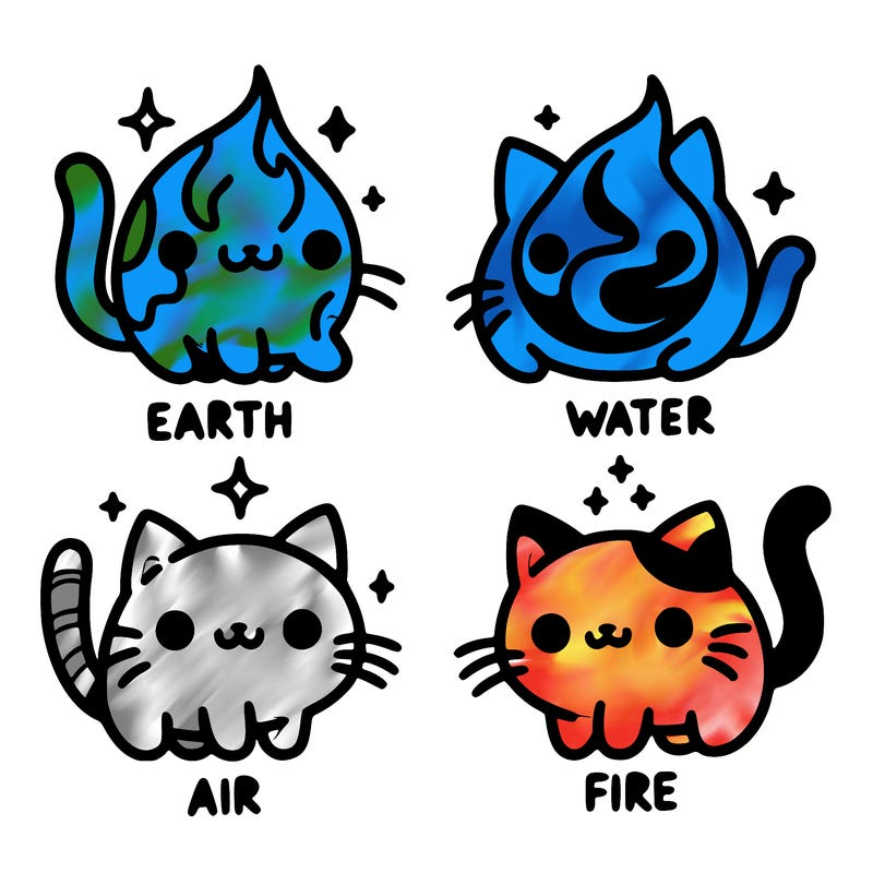 4 cats that represent the different elements, earth, water, air, and fire