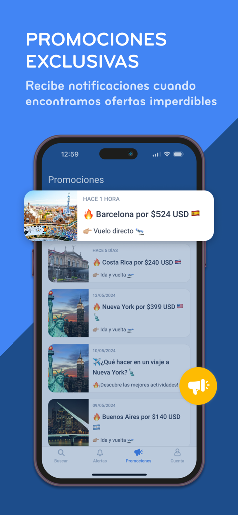 Mobile app interface displaying exclusive flight deals and travel price alerts