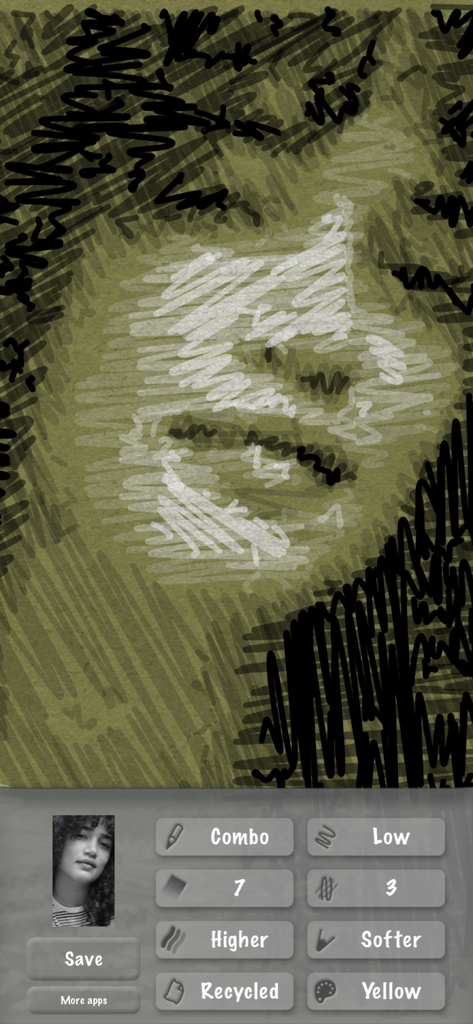 A woman portrait transformed into a detailed artistic sketch using the SketchMee app interface