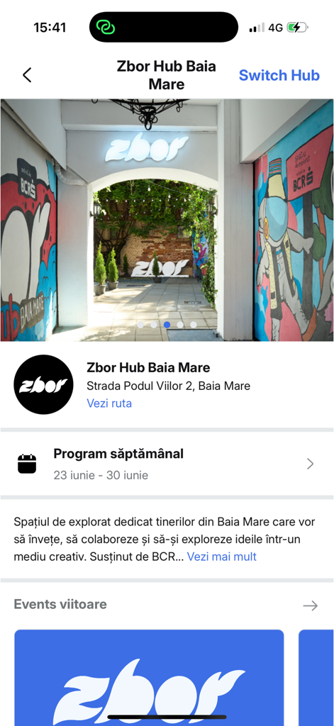 Zbor - Spațiu de Explorat - Capture d'écran de l'application Zbor montrant le hub communautaire de Baia Mare avec son adresse et l'horaire hebdomadaire.