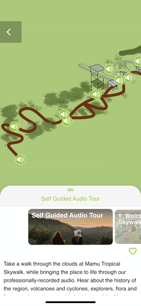 Mamu Tropical Skywalk - Mamu Tropical Skywalk app interface showing the self guided audio tour map and rainforest landscape view