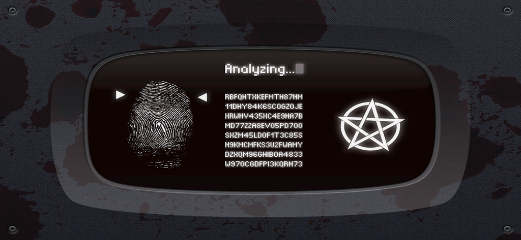 Interface showing a fingerprint scan and pentagram symbol during a paranormal analysis