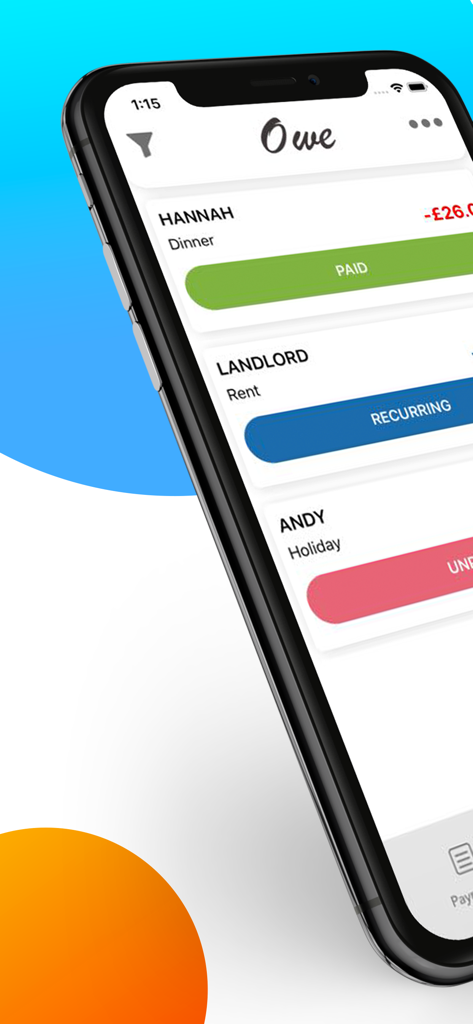 Owe: Debt Tracker & Planner - Mobile interface of the Owe app showing tracked payments for dinner and rent.