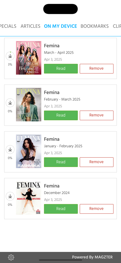 Femina Magazine - Digital library screen of Femina Magazine app on iPhone showing recent magazine issues with celebrity covers.