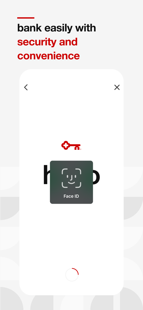 KeyBank Mobile Banking - Pantalla de inicio de sesión de banca móvil de KeyBank que muestra la autenticación biométrica Face ID para un acceso seguro a la cuenta.