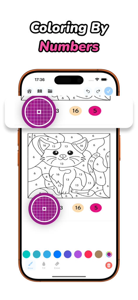 Doodle Together: Draw & Color - Doodle Together app interface showing a cat coloring page with color by numbers feature