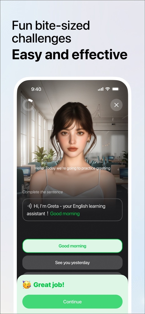 Interfaz de la aplicación Midoo AI que muestra una lección de inglés conversacional con Greta, la asistente de IA.