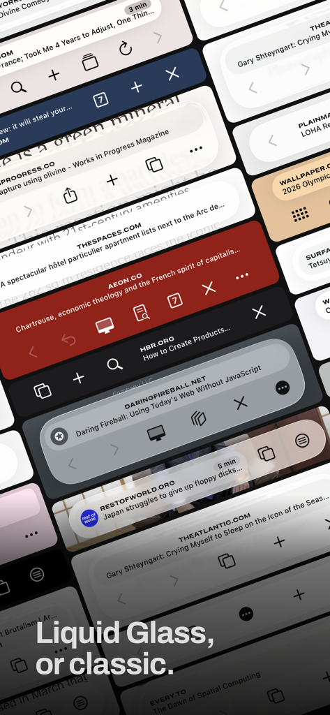 Quiche Browser - Showcase of Liquid Glass and classic toolbar styles in Quiche Browser