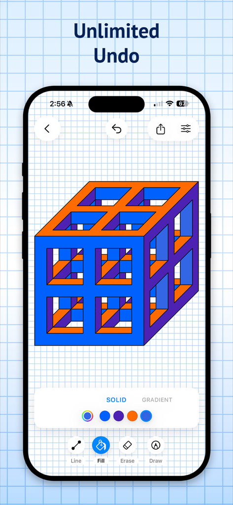 Dibujo isométrico 3D de un cubo geométrico sobre una cuadrícula en la aplicación Graph Paper Pro