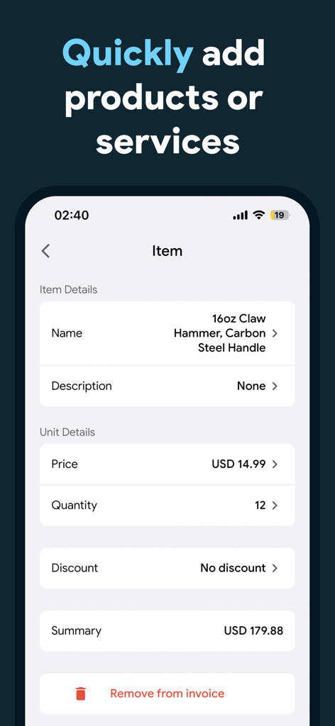 Invoice Maker: Bill & Receipt - Uma interface móvel para adicionar detalhes do item, como nome, preço e quantidade a uma fatura profissional.